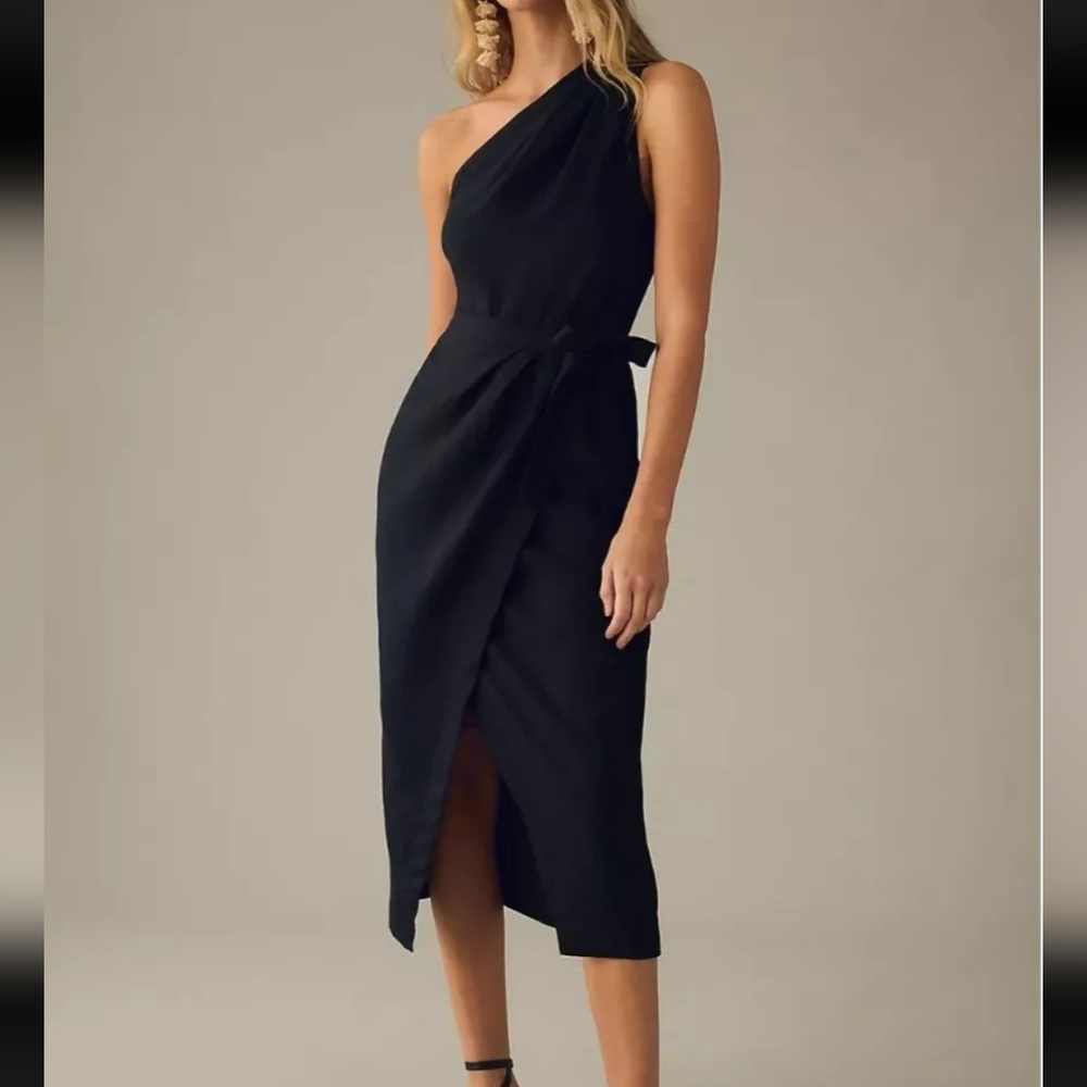 Anthropologie One Shoulder Black Linen Dress
